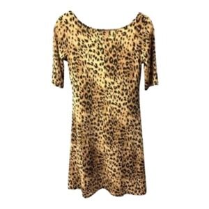Trac A Line Dress Tan Black Jaguar Print Boat‎ Neck V Back Half Sleeve Casual